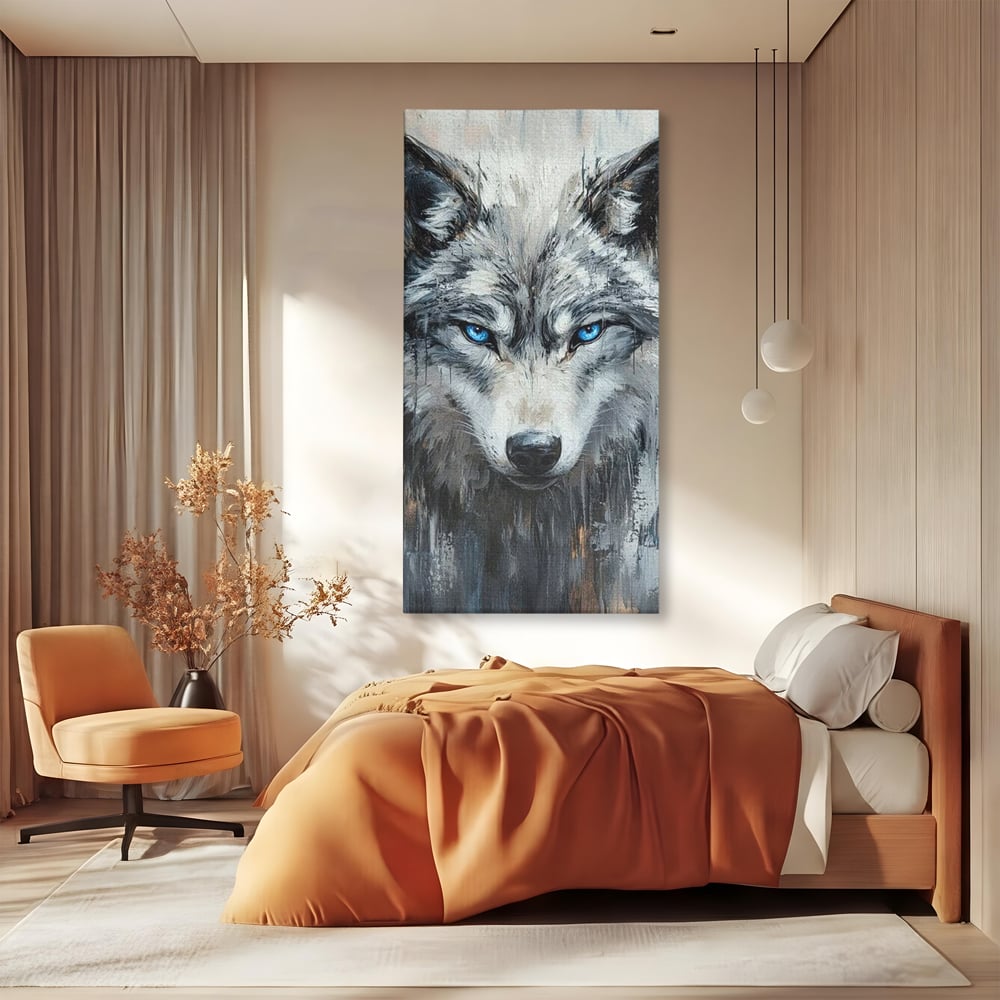 Tablou canvas cu tablou canvas cu portret de lup, fara rama, pe sasiu de lemn, pe perete intr-un dormitor